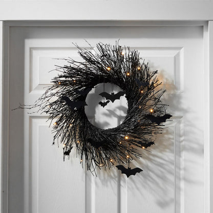 Pre-Lit Black Glitter Bat Halloween Wreath