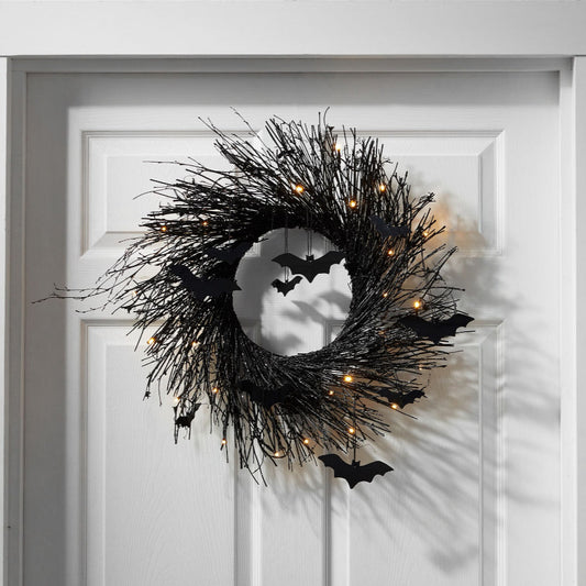 Pre-Lit Black Glitter Bat Halloween Wreath