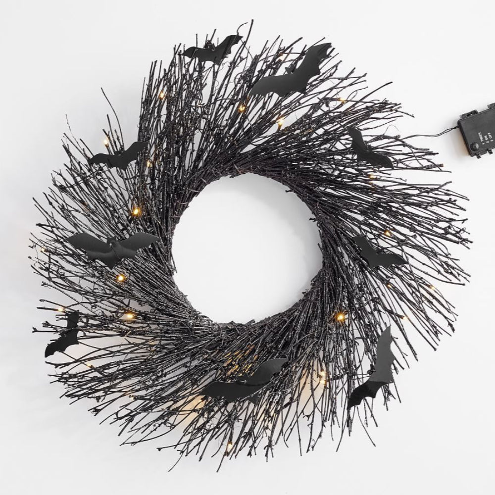 Pre-Lit Black Glitter Bat Halloween Wreath