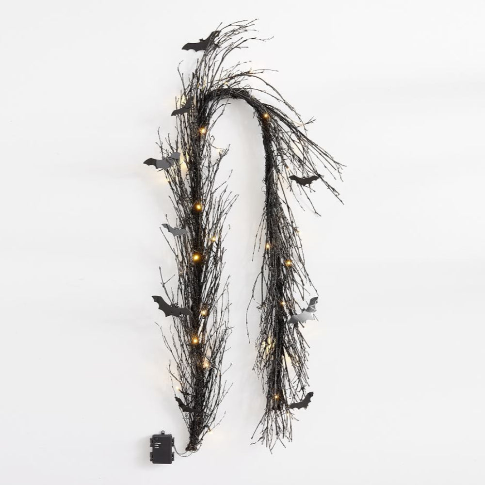 Pre-Lit Black Glitter Bat Halloween Wreath