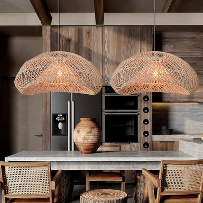 Hand-Woven Rattan Wave Pendant