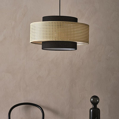 Rattan and Black Linen Drum Pendant