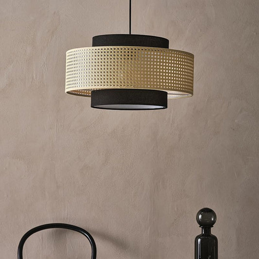 Rattan and Black Linen Drum Pendant