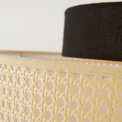 Rattan and Black Linen Drum Pendant