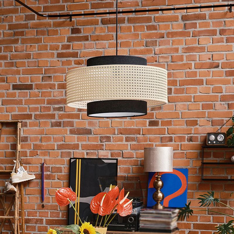Rattan and Black Linen Drum Pendant