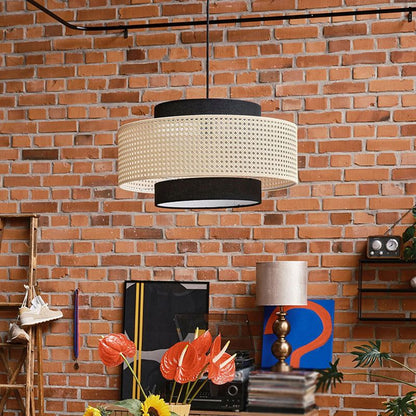 Rattan and Black Linen Drum Pendant