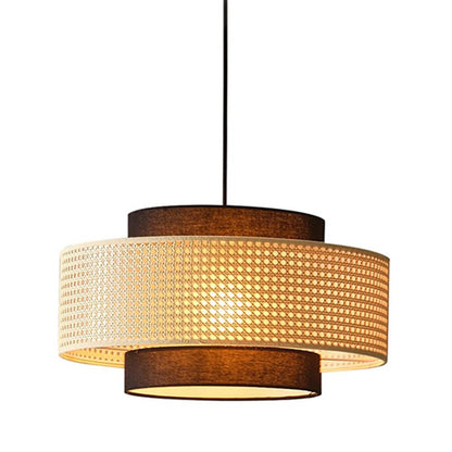 Rattan and Black Linen Drum Pendant