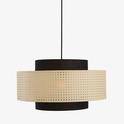 Rattan and Black Linen Drum Pendant
