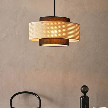 Rattan and Black Linen Drum Pendant
