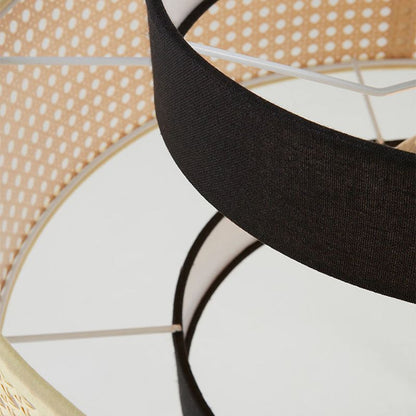 Rattan and Black Linen Drum Pendant