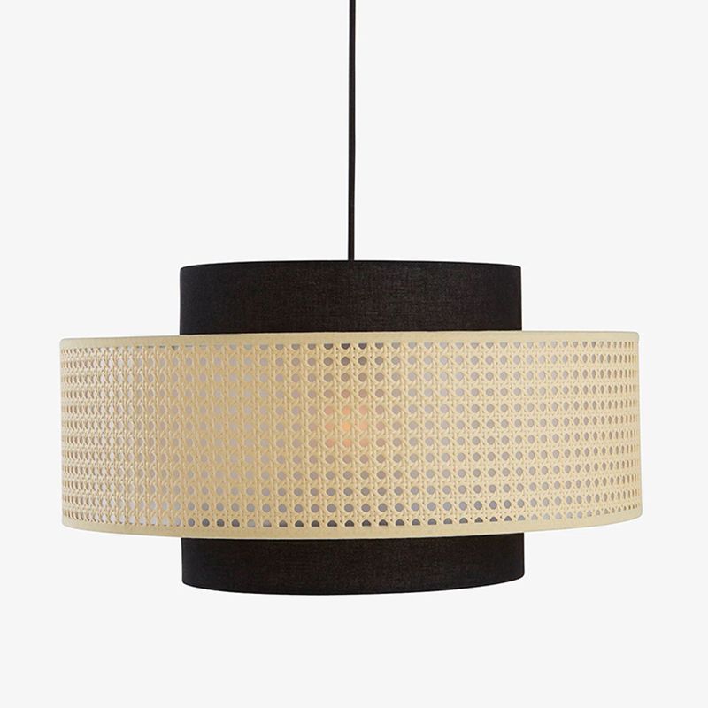 Rattan and Black Linen Drum Pendant