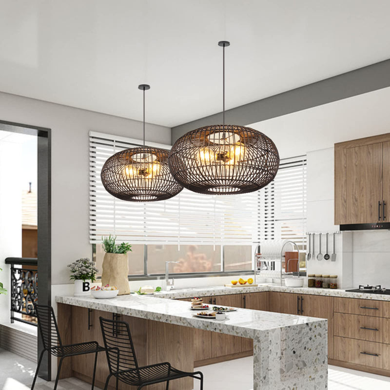 3-Light Oval Black Rattan Nest Pendant