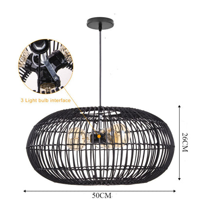 3-Light Oval Black Rattan Nest Pendant