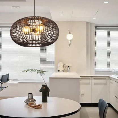 3-Light Oval Black Rattan Nest Pendant