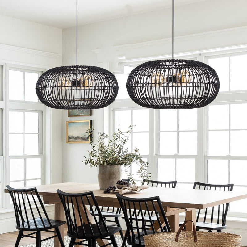 3-Light Oval Black Rattan Nest Pendant