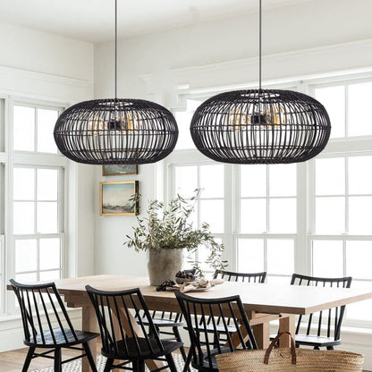 3-Light Oval Black Rattan Nest Pendant