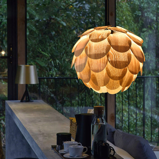 Nordic Wooden Single Globe Pendant Lights with Scale Accents-[Modern pendant lighting for bedroom and living space]-Demolights UK