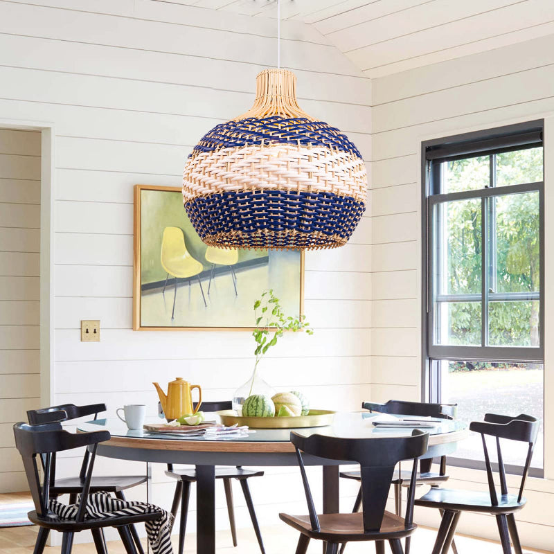 Hamptons Blue Herringbone Rattan Pendant
