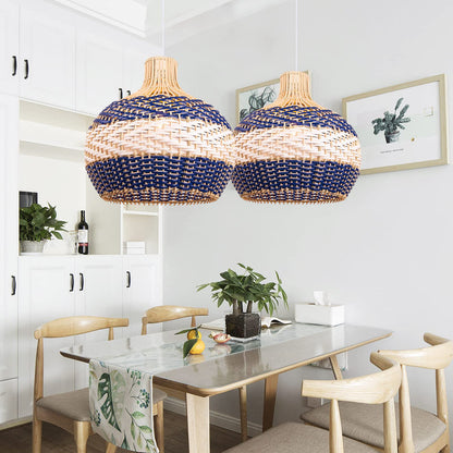 Hamptons Blue Herringbone Rattan Pendant