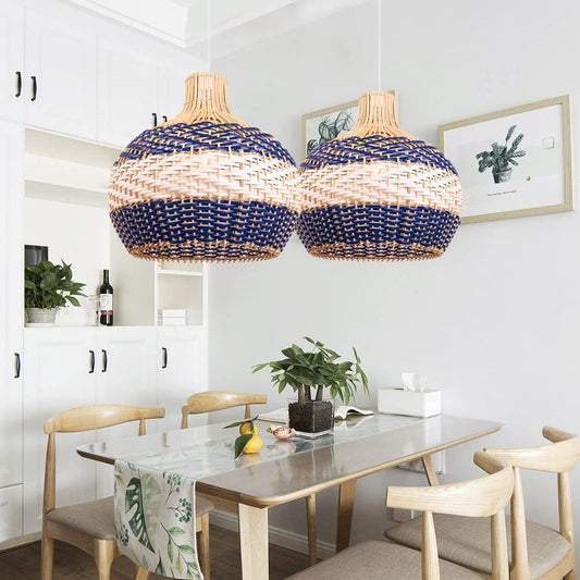 Hamptons Blue Herringbone Rattan Pendant