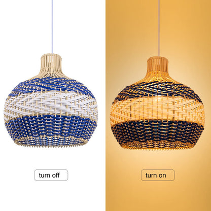 Hamptons Blue Herringbone Rattan Pendant