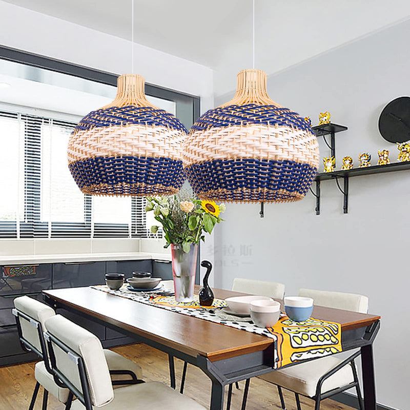 Hamptons Blue Herringbone Rattan Pendant
