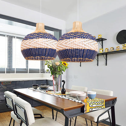 Hamptons Blue Herringbone Rattan Pendant