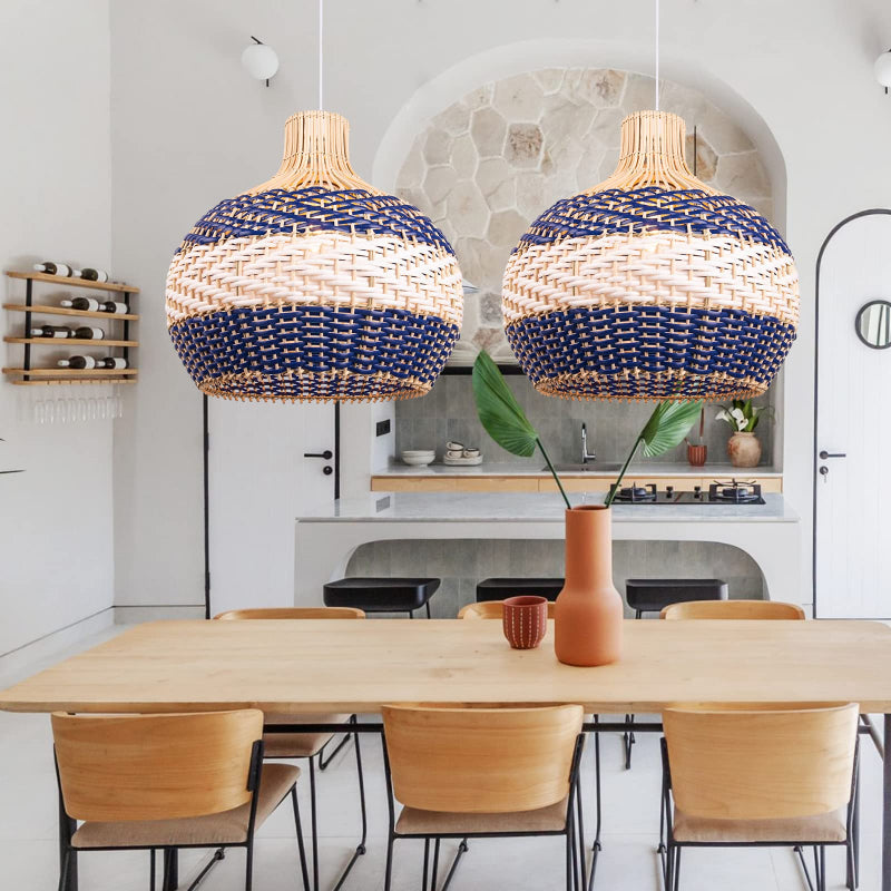 Hamptons Blue Herringbone Rattan Pendant