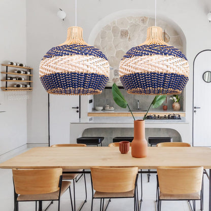 Hamptons Blue Herringbone Rattan Pendant