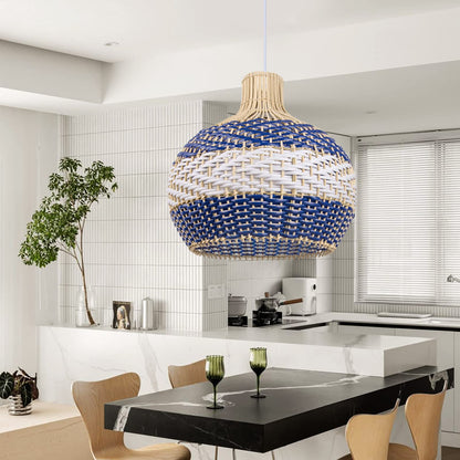 Hamptons Blue Herringbone Rattan Pendant