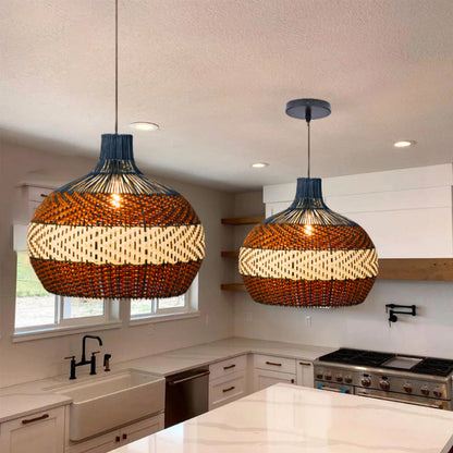 Blue and Brown Rattan Dome Pendant
