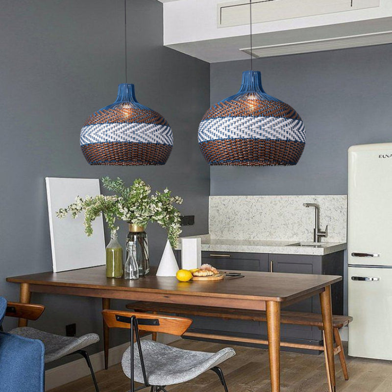 Blue and Brown Rattan Dome Pendant