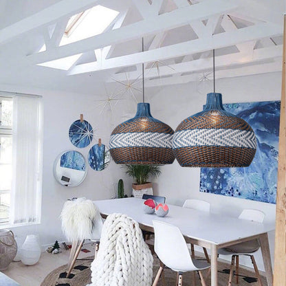 Blue and Brown Rattan Dome Pendant