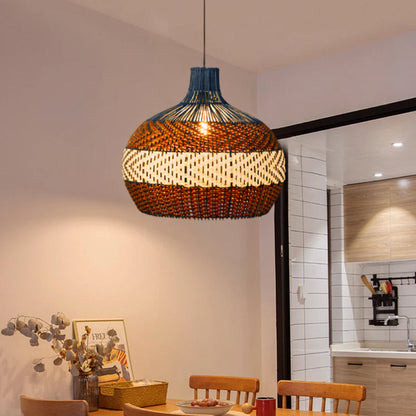 Blue and Brown Rattan Dome Pendant