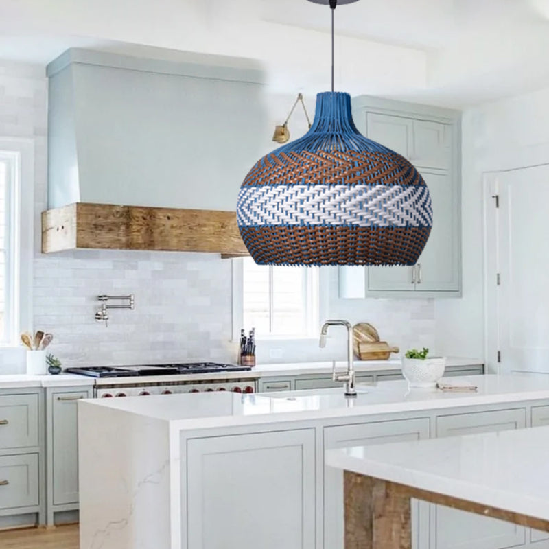Blue and Brown Rattan Dome Pendant