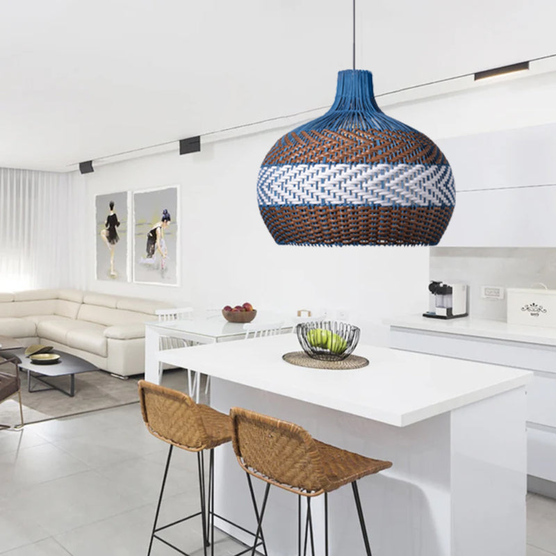 Blue and Brown Rattan Dome Pendant