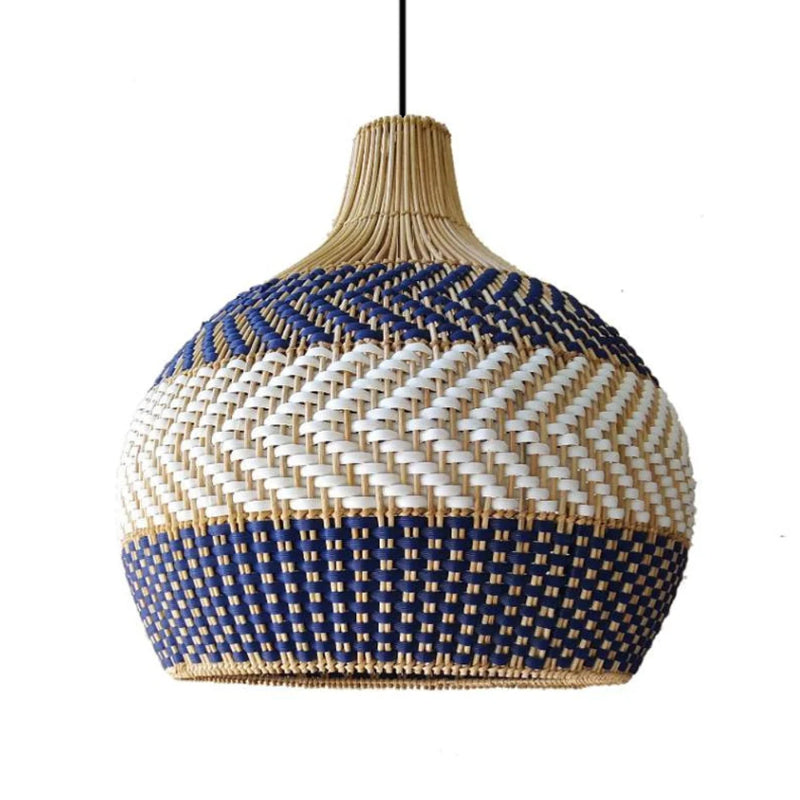 Blue and White Striped Rattan Pendant