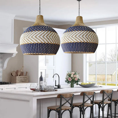 Blue and White Striped Rattan Pendant