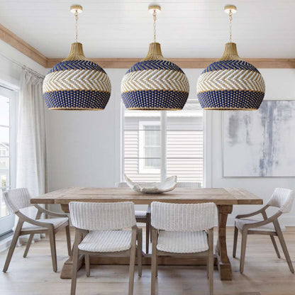 Blue and White Striped Rattan Pendant