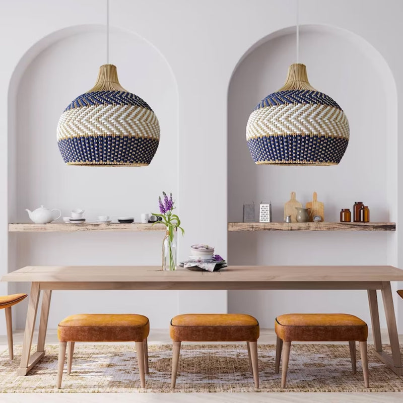 Blue and White Striped Rattan Pendant