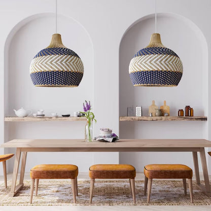 Blue and White Striped Rattan Pendant