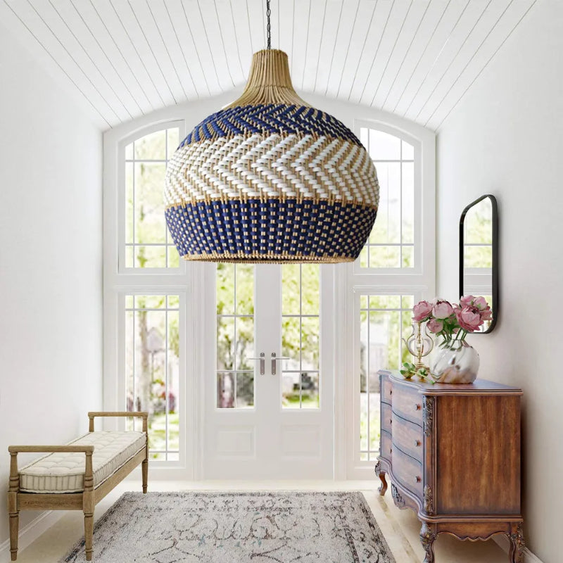 Blue and White Striped Rattan Pendant