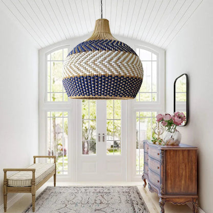 Blue and White Striped Rattan Pendant