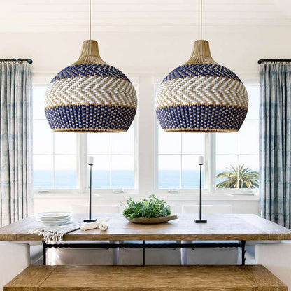 Blue and White Striped Rattan Pendant