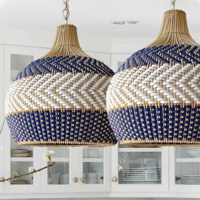 Blue and White Striped Rattan Pendant