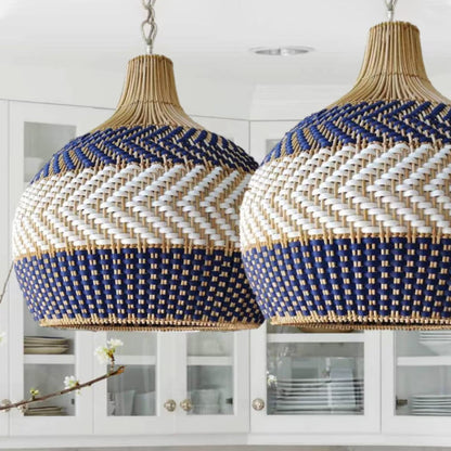 Blue and White Striped Rattan Pendant