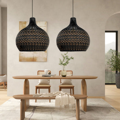 Large Black Rattan Herringbone Pendant