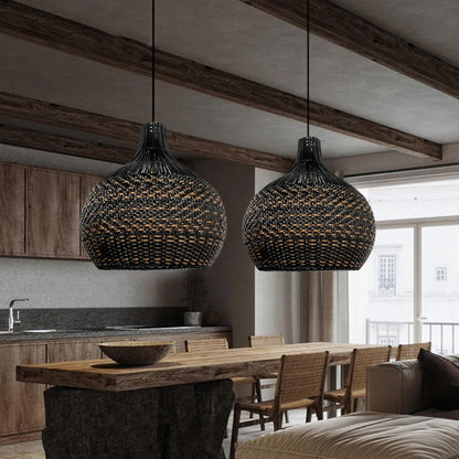 Large Black Rattan Herringbone Pendant