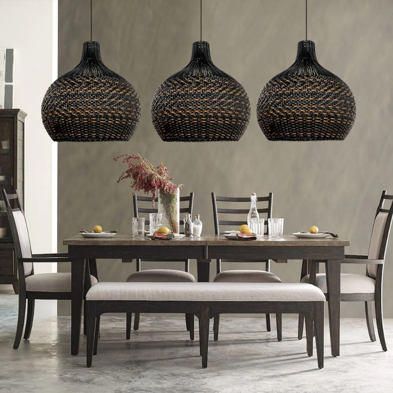 Large Black Rattan Herringbone Pendant