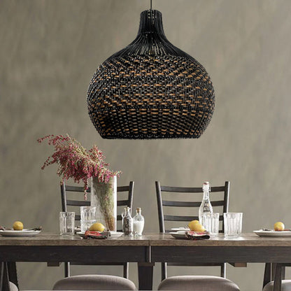 Large Black Rattan Herringbone Pendant
